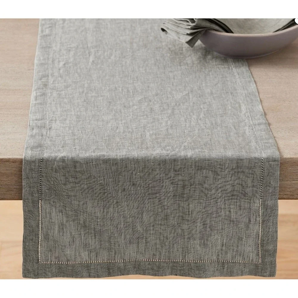 Pottery Barn Gray 100% Linen Hemstitch Table Runner 16 x 108 Long Rectangular
